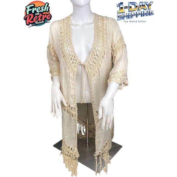 Crochet Kimono Duster Cover Up One Size Bohemian Festival Coachella Beach Hippie - Picture 1 of 8